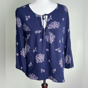 Skies Are Blue Cottagecore Floral Blouse Navy Peasant Style S